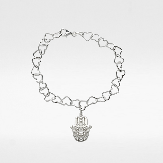 Sterling Silver Hamsa Charm Heart Bracelet