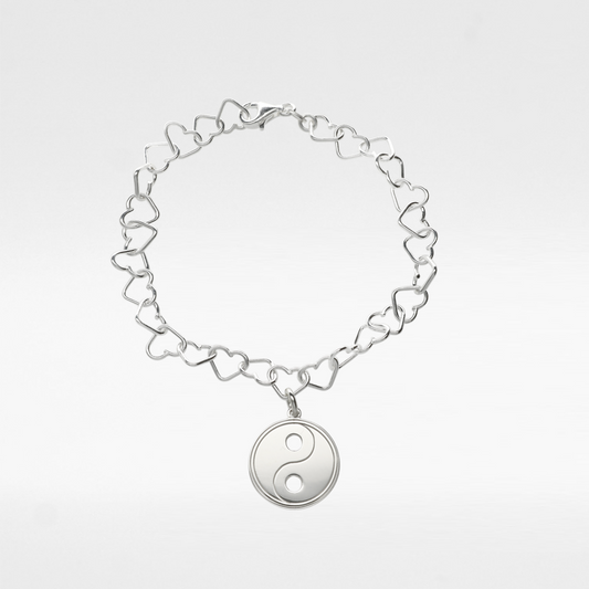 Sterling Silver Yin Yang Charm Heart Bracelet